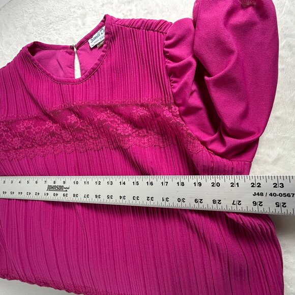 Vintage Sandi Dee Fuchsia Pink Puff Sleeve Pleated Dress with Lace Trim Size 16W - Picture 6 of 8